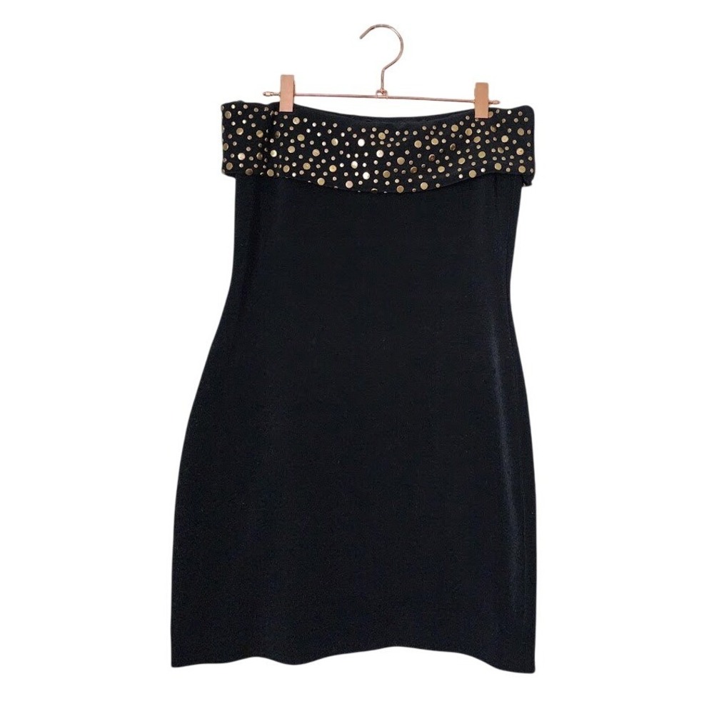 LILLIE RUBIN 80s Black Strapless Mini Dress Gold Studded Cuff Bodycon M